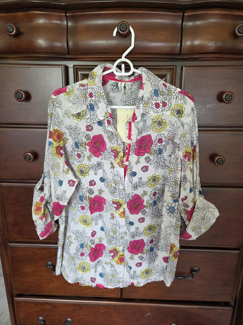 Cotton Daisy, Womens Floral Button-Front Blouse - Pink & Yellow, Sz. XL